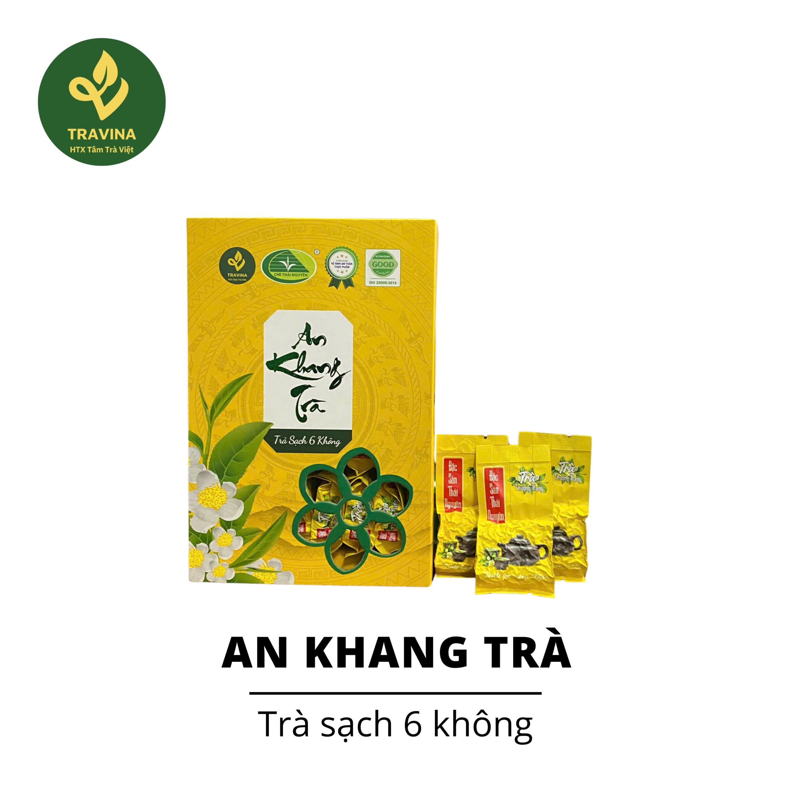An Khang Needle Tea gift box, TRAVINA, front angle