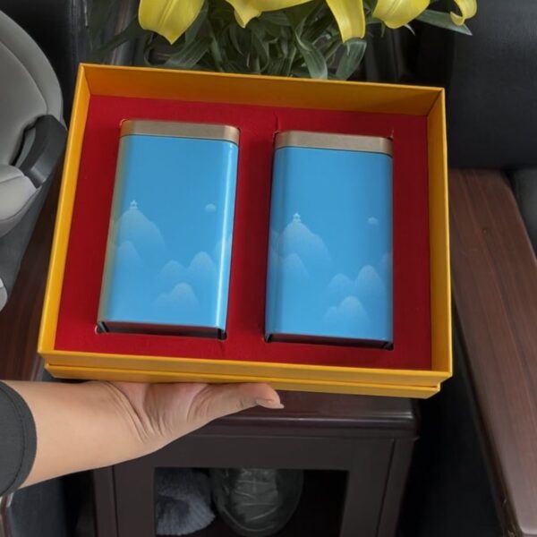 Estuche de regalo Tam Tra Nguyen Huong abierto con dos latas de té, TRAVINA