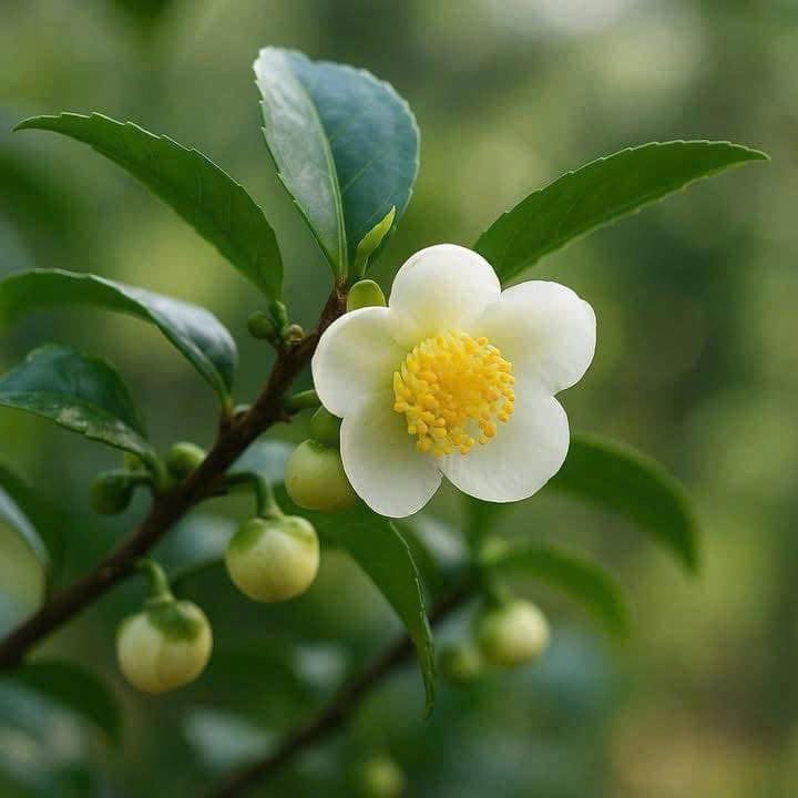 Blüte der Camellia sinensis an einem Teestrauch in Thai Nguyen