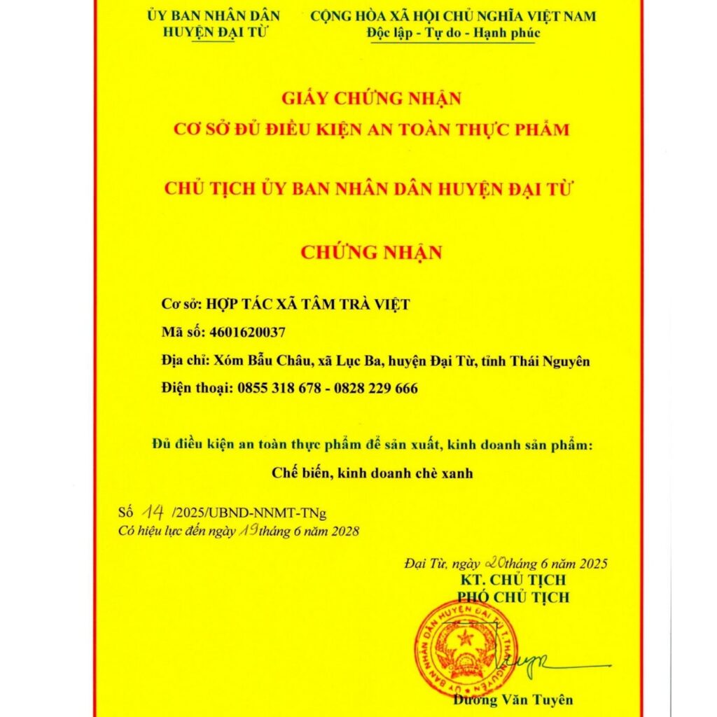 由太原大慈县颁发给 Tam Tra Viet 合作社的食品安全条件证书,第 14/2025/UBND-NNMT-TNg 号