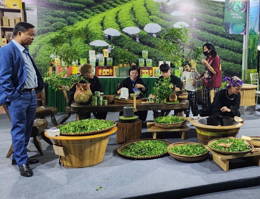 太原茶叶节上,TRAVINA 社员在 Matcha La Bang 招牌下手工揉捻并分拣鲜茶叶