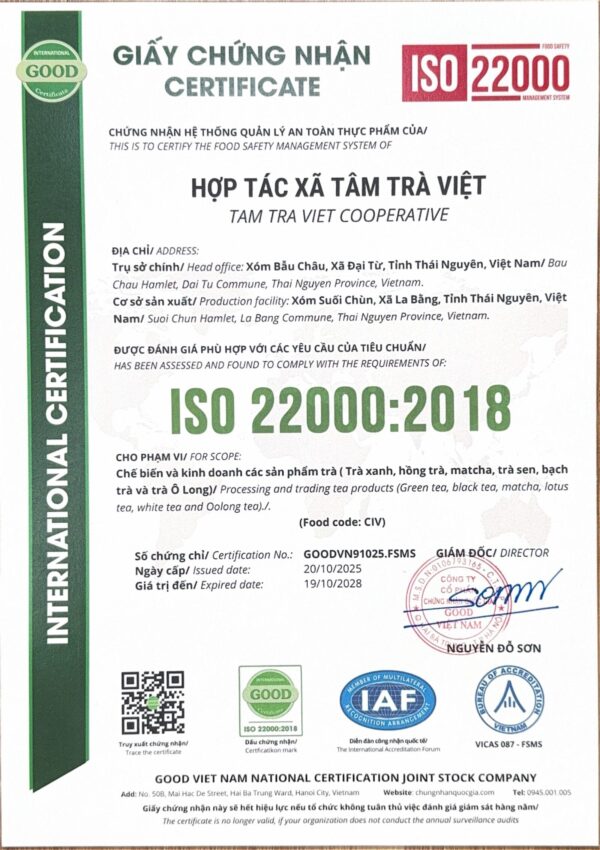 Certificat de système de management de la sécurité des denrées alimentaires ISO 22000:2018 n° GOODVN91025.FSMS, délivré à la coopérative Tam Tra Viet par GOOD Viet Nam