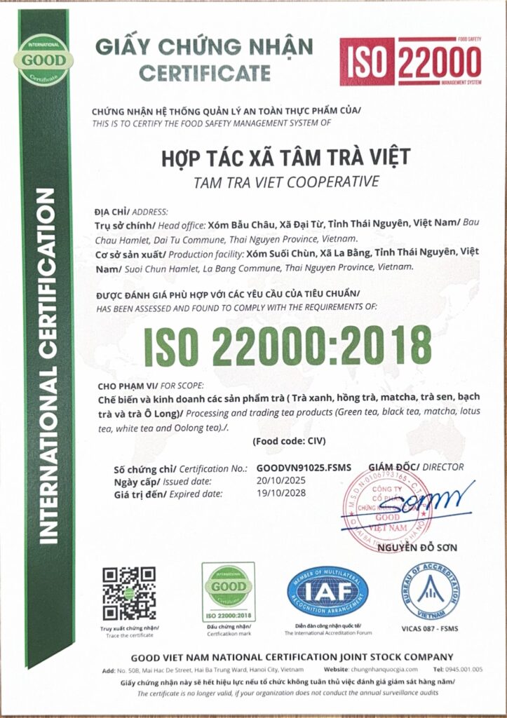 由 GOOD Viet Nam 颁发给 Tam Tra Viet 合作社的 ISO 22000:2018 食品安全管理体系证书,编号 GOODVN91025.FSMS