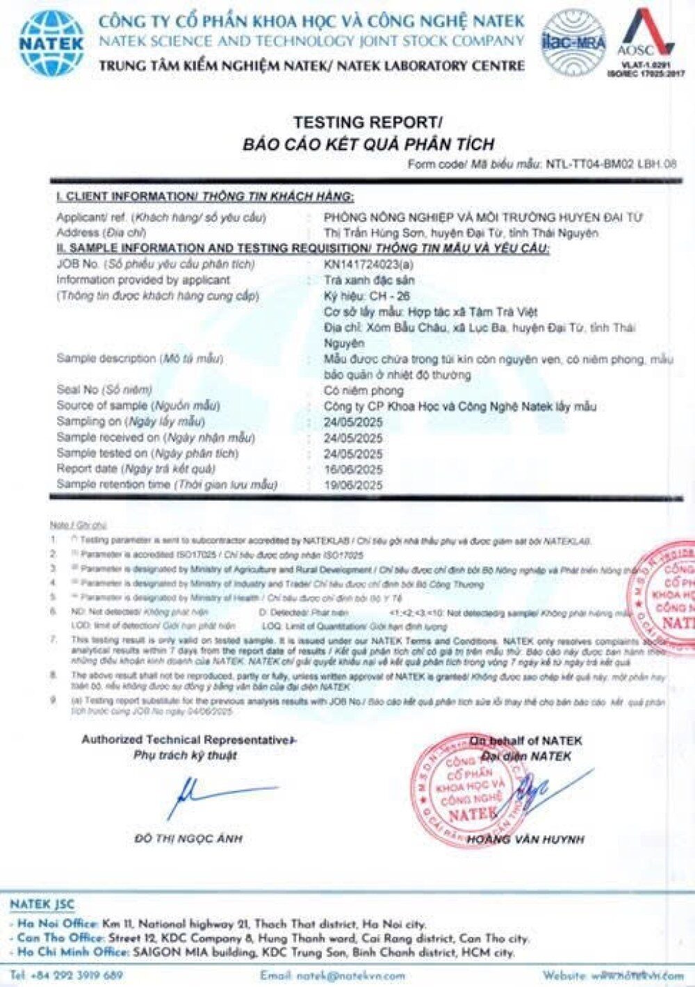 Informe de ensayo de laboratorio sobre té terminado de TRAVINA, expedido a la cooperativa en Thai Nguyen