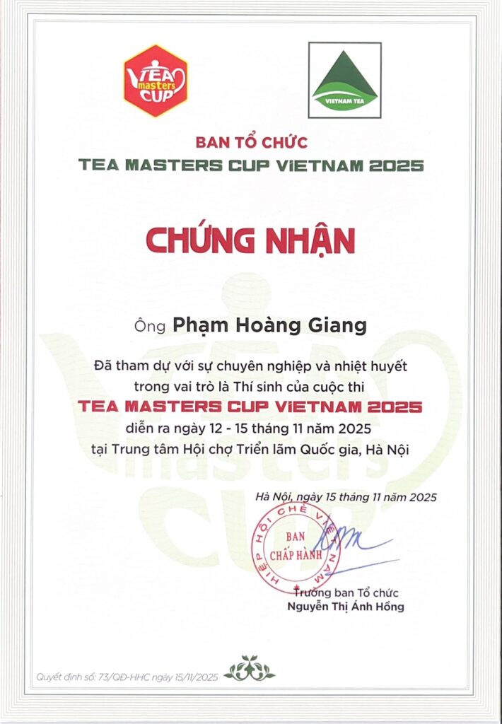 越南茶叶协会颁发的 2025 年越南 Tea Masters Cup 证书,确认 Pham Hoang Giang 以选手身份参赛