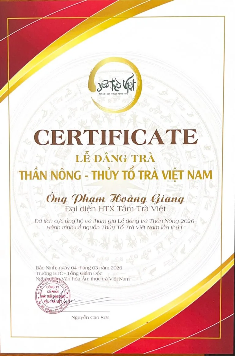 Certificate of participation for Pham Hoang Giang, representing HTX Tam Tra Viet, at the Than Nong tea offering ceremony 2026, presented in Bac Ninh on 4 March 2026