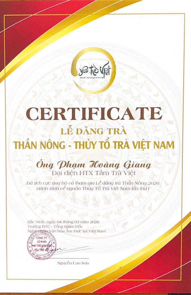 2026 年 3 月 Bac Ninh Than Nong 祭茶仪式上,颁给代表 Tam Tra Viet 合作社的 Pham Hoang Giang 的感谢状