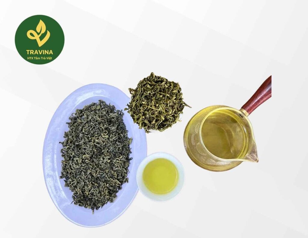 Traditional Northern Green Tea from TRAVINA, Thai Nguyen - dry leaf and brewed cup