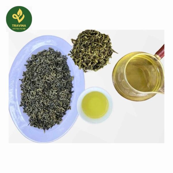 Traditional Northern Green Tea from TRAVINA, Thai Nguyen - dry leaf and brewed cup