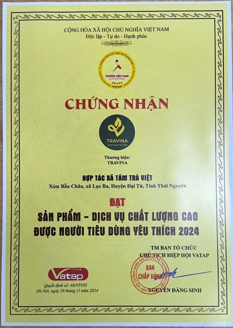 VATAP certificate: High Quality Product and Service Favoured by Consumers 2024, awarded to Tam Tra Viet Cooperative for the TRAVINA brand