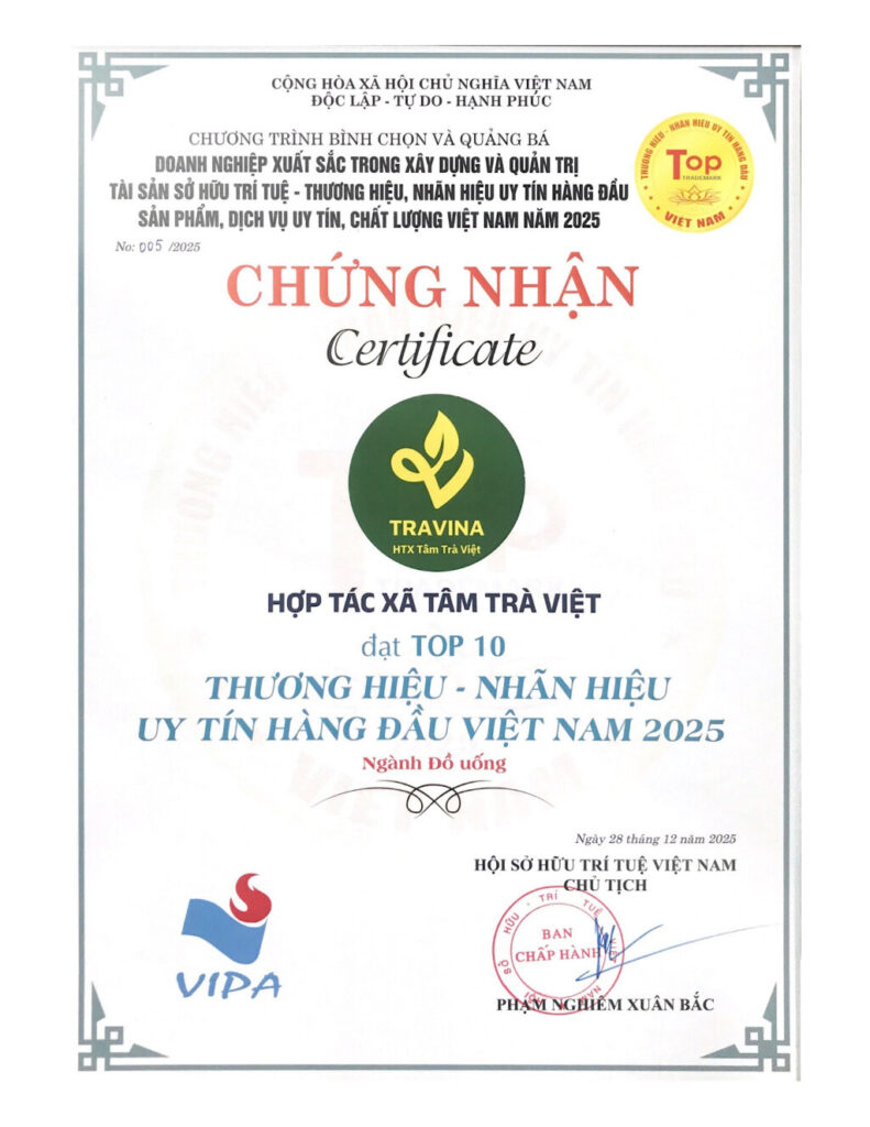 VIPA 证书:2025 年越南十大领先可信品牌与商标,饮料类,授予 Tam Tra Viet 合作社