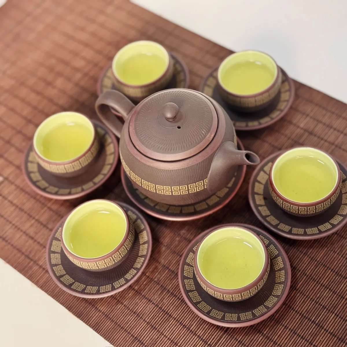 Luc Am Quan Anh zisha tea set with five cups of green tea, seen from above – TRAVINA